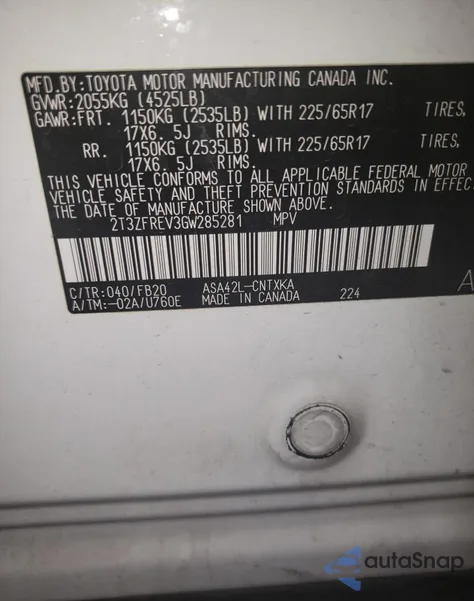 2016 Toyota Rav4 Le из США, поврежденный, VIN 2T3ZFREV3GW285281